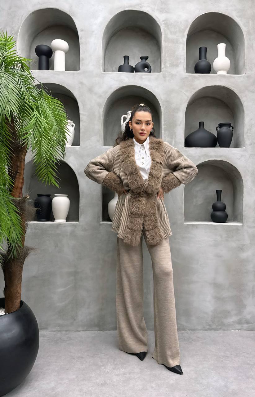 angora kürklü 2 li triko takım